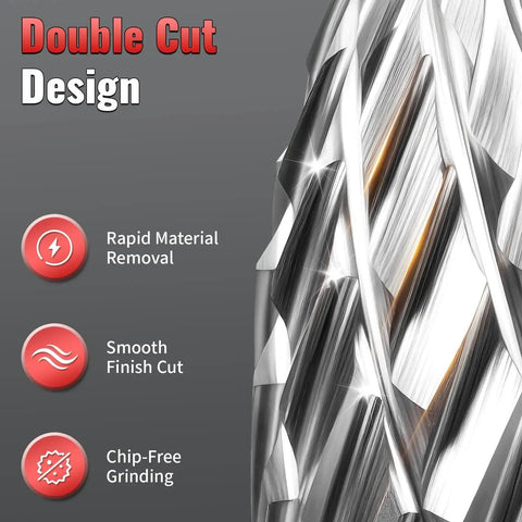 Close-up of double-cut design on 20Pcs Tungsten Carbide Burr Set One Eighth Inch Shank For Die Grinders Pro Grade Compatible With Dremel Metal Grinding Bits Fits Die Grinder Rotary Drill For Wood Stone Steel Engraving And Cutting Includes 2 Collets, illustrating smooth, chip-free grinding.