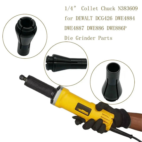 N383609 1/4 Inch Collet Chuck for Die Grinders with grinder and chuck parts displayed; fits DCG426B, DWE4887 types