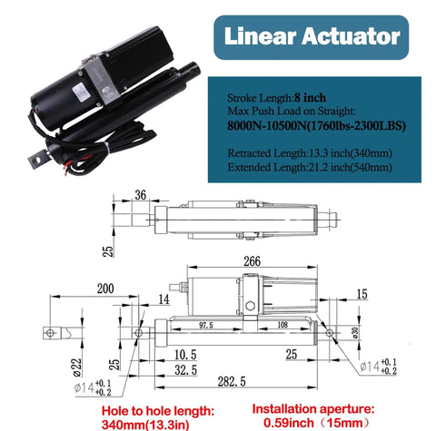 Heavy Duty 12V DC 8 Inch Stroke Electric Linear Actuator JEENDA Beefy 1760 Lbs Push Force with dimensions and design details