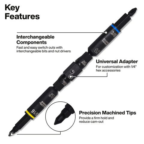 Impact Rated 11-in-1 Multi Bit Screwdriver And Nut Driver with interchangeable components and universal adapter shown