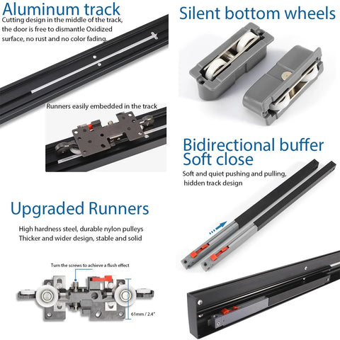 Concealed Sliding Barn Door Hardware Kit With 59.05 Inch Track, pictured with aluminum track, silent wheels, and soft close design.