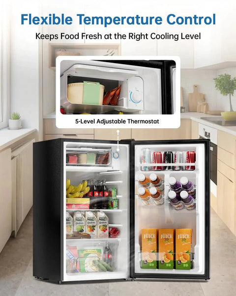3.2 Cu Ft Mini Fridge With Freezer And Reversible Door For Dorm Energy Efficient, open display in kitchen setting