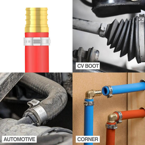 Four views of PEX Clamp Tool Kit for 3/8 Inch, 1/2 Inch, 3/4 Inch and 1 Inch Cinch and Removal With Carrying Case applications in plumbing and automotive.