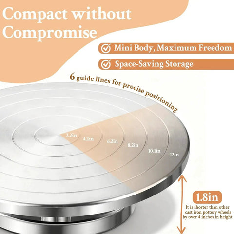 Top view of 12-inch Pro Pottery Wheel For Ceramics By Yncotte, double sided banding wheel with guide lines for precise positioning.