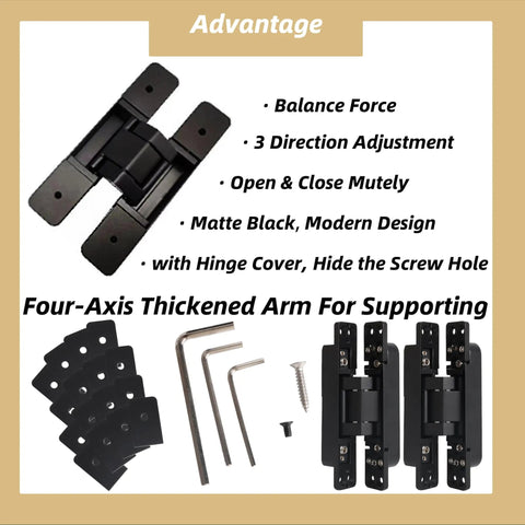8 Pack Invisible Door Hinges 6 Inch Concealed Heavy Duty Zinc Alloy Matte Black 180 Degree 3 Way Adjustable Butt Hinge For Smooth Quiet Interior Doors By Riyhch with accessories including screws and tools.