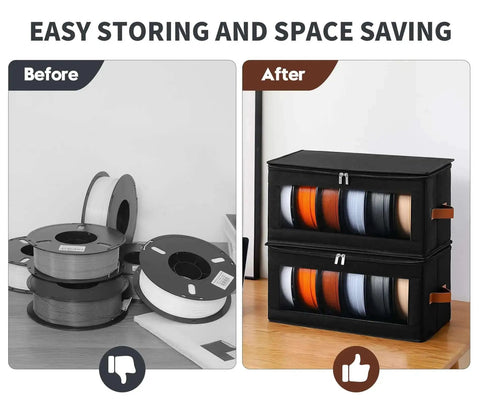 Before and after of 4 Pack Filament Storage Set With Desiccants For 3D Printers, holds up to 24 standard 1kg spools, organized by color.