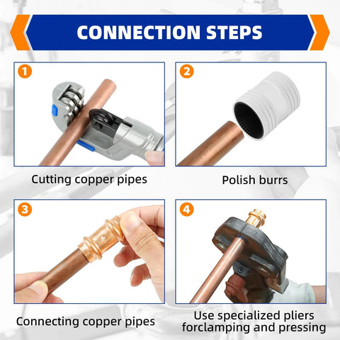 Znkiok 12-pack 1/2 in copper ProPress fittings kit; infographic steps: cut pipes, deburr, connect copper, press.