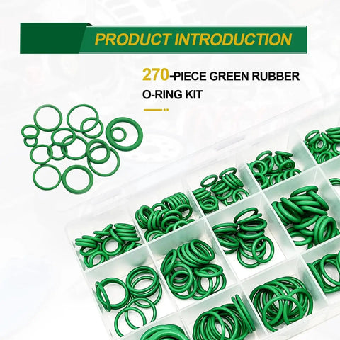 Image of 270-piece green rubber O-ring kit from Car Air Conditioning Repair Kit With 270 O Ring Seals And 102 Valve Core Kit Plus Remover Tool For R12 R134a Refrigeration Systems Tire Valve Cores And Double Head Install Tool Separated O Ring Organizer Durable Pro Grade Auto A C Maintenance, featuring separated compartments.