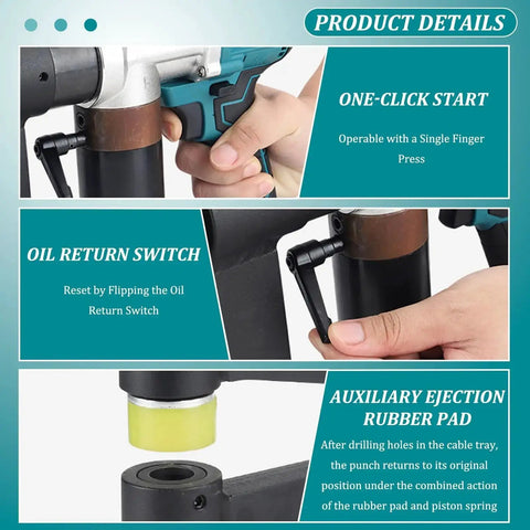 Close-up of cordless electric hydraulic hole punch for metal sheets showing grip and controls for one-click start and oil return switch.