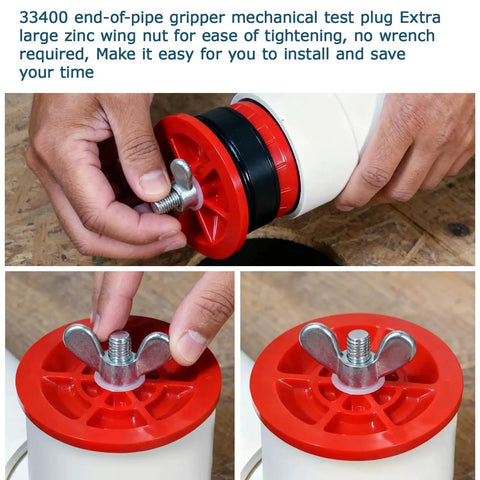 Mechanical End Of Pipe Gripper Plug Set For 2 Inch And One And One Half Inch Piping Red Two Pack, shown in use