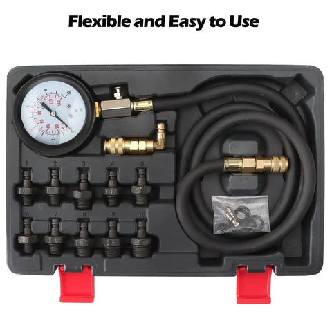 Oil Pressure Tester Kit 0 To 140 PSI with heavy duty steel gauge, rubberized case, 50 inch hose, and universal adapters in case