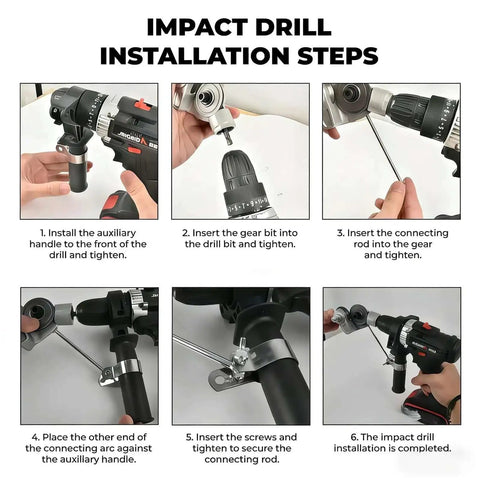 Impact drill installation guide with six steps for setting up a Titanium Drill Nibbler Sheet Metal Cutting Tool Kit For Electric Drills