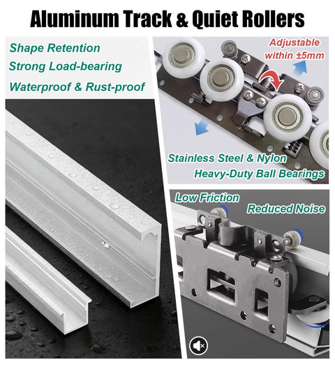 Trackless Sliding Door Kit With Soft Close For Wooden Doors Concealed Top Rail System For Closet Doors Ghost Barn Door Hardware Fits 30 To 80 Inches 60 Inch Rail 100 Kg Capacity Quiet And Smooth Operation showing aluminum track with stainless steel rollers and low friction bearings.