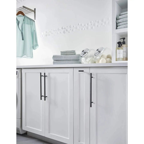 Hopewell Steel Bar Pull M993 15 Inch Center-To-Center Flat Black Cabinet Pull for Modern Kitchen and Bath on white cabinets