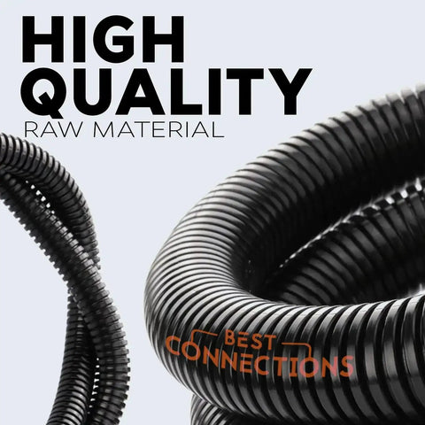 Close-up of Three Pack Black Pro Grade Split Wire Loom Kit Convoluted Tubing One Quarter Inch Three Eighths Inch One Half Inch Twenty Feet Each