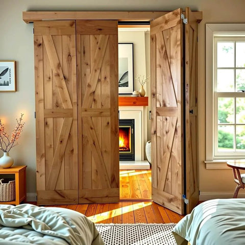 Double 38 By 84 Inches Unfinished Alder Wood Bifold Barn Doors With Low Clearance Box Rail Sliding Hardware Set installed in bedroom