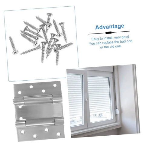 Double Opening Spring Hinges Self Closing Door Hardware For Storm And Garden Doors with screws and installation view.