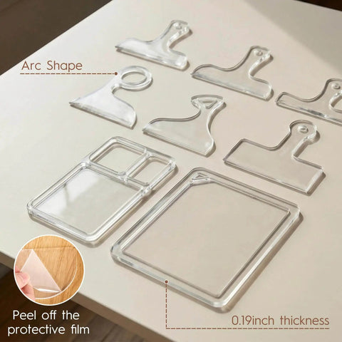 8 Piece Acrylic Router Template Set For Woodworking With 6 Charcuterie Board Templates 2 Tray Templates Thick Handle Cutting Board Templates And 3 Marking Pens Angled Curvy Tracing Stencils For Kitchen Projects on a table showing thickness and shape details.