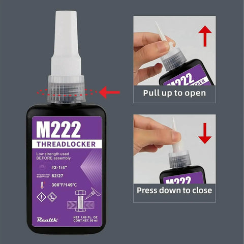 Image of M222 thread locker bottle with instructions to pull up to open and press down to close. Visible cap design and usage arrows.