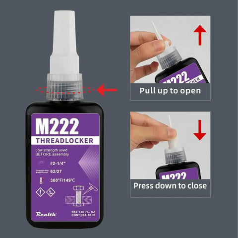 Front view of M222 thread locker bottle with application instructions, focusing on opening and closing of the cap.