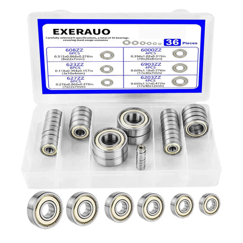 36-Piece Ball Bearing Kit, Deep-Groove Steel Bearings 608ZZ 623ZZ 627ZZ 6000ZZ 6903ZZ 6203ZZ in storage case, for 3D printers, skateboards