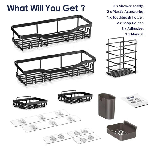 7 Pack Adhesive Shower Caddies With 24 Hooks Rustproof Stainless Steel Bathroom Shelves No Drill All In One Organizer set