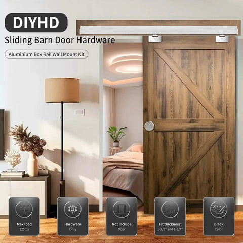 Interior Box Rail Sliding Door Hardware Kit With Wall Mount Box Track For Barn Doors 48 Inch Sliding Rail displayed in room