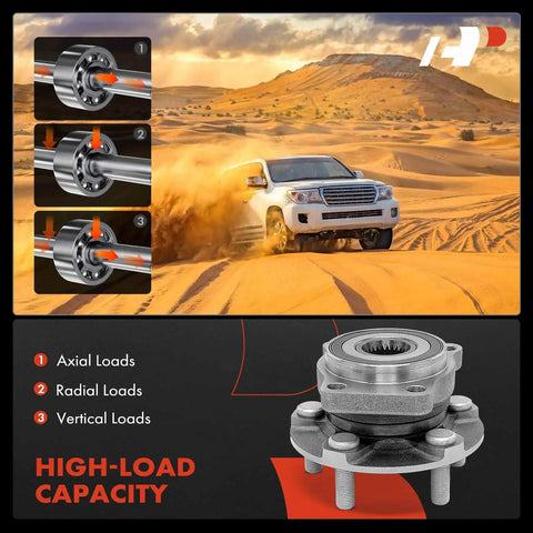 Off-road vehicle in desert highlighting 2 front wheel bearing and hub assembly set 5 lug compatible with Subaru Outback 2005 2014 and Legacy 2005 2014 heavy duty durable replacement for daily driving, showing axial, radial, and vertical load capacities.