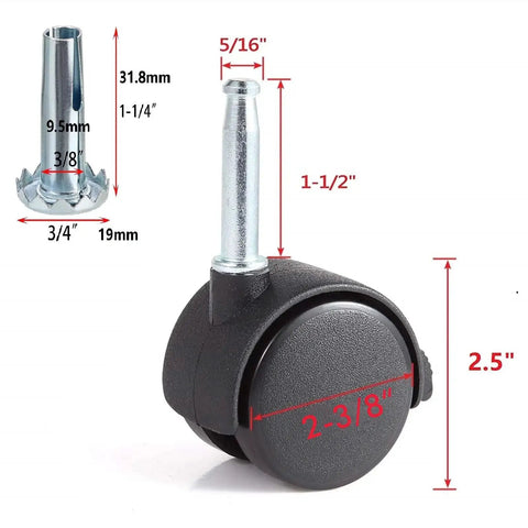 Close-up of 2 Pack Locking Swivel Caster Replacement Wheels For Weber Gas Grill Stem Casters 2.5 Inch Twin Wheel Rubber Caster Wheels With Friction Mount 5/16 X 1-1/2 Inch Pin Stem 55-Lb Load Capacity Per Caster Easy Install showing measurements.