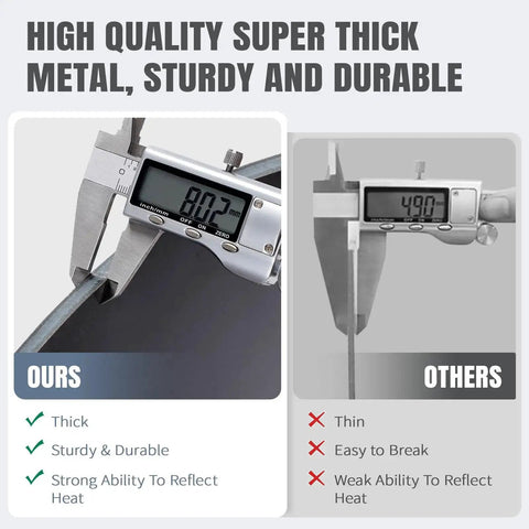 Comparison of 26 Inch Iron Fireback With Feet For Fireplace Wall Protection And Heat Reflection thickness, showcasing durability and heat reflection ability.