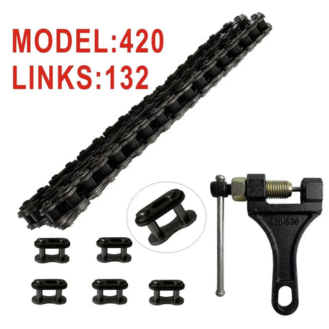 420 Chain 132 Link Motorcycle Standard Roller Chain With Chain Breaker And 6 Connecting Master Link For 100cc 110cc 125cc Mini ATV Quad Go Kart Scooter Ride Ready Built For Power Transfer And Durability visible with chain breaker and connectors