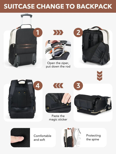 Step-by-step transformation of Two In One Rolling Backpack And Suitcase For Women Carry On Luggage 22 Inch Flight Approved XL Beige