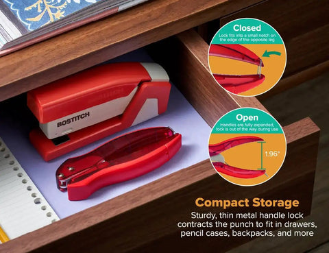 Red EZ Squeeze Hole Punch for Crafting and School Projects, compact storage in drawer, 3 Pack Single Hole Punch 10 Sheet Capacity