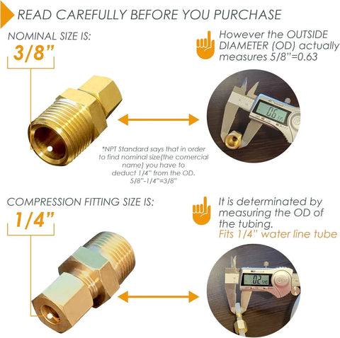 Brass ice maker water line fitting, 3/8 in NPT male to 1/4 in compression for 1/4 in tubing, with threaded end and compression nut.
