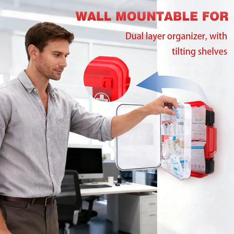 All Purpose 400 Piece First Aid Kit With Dual Layer Wall Mount Organizer in office setting, open with visible medical supplies.
