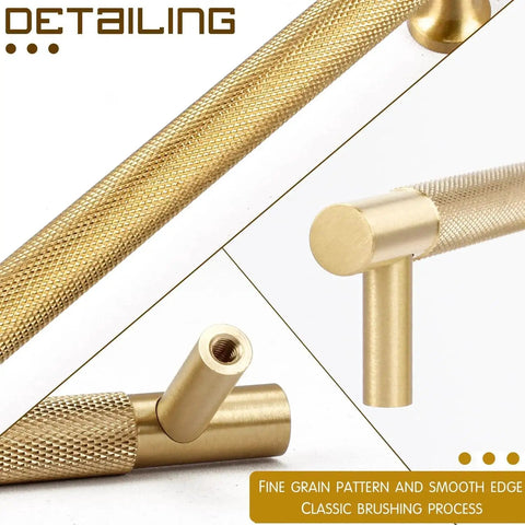 Close-up of four pack 3 inch solid brass cabinet pulls in brushed gold finish showing fine grain pattern and smooth edges.