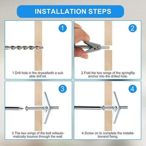 Installation steps for 123 Piece Toggle Bolt And Wing Nut Kit For Hollow Walls Heavy Duty Drywall Anchors Illustrated Guide