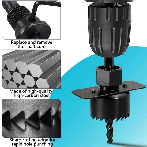 Close-up of 18Pcs Hole Saw Kit for Wood and PVC with 3/4 to 5 Inch Saw Blades, Mandrels, showing drill bit and sharp cutting edge.