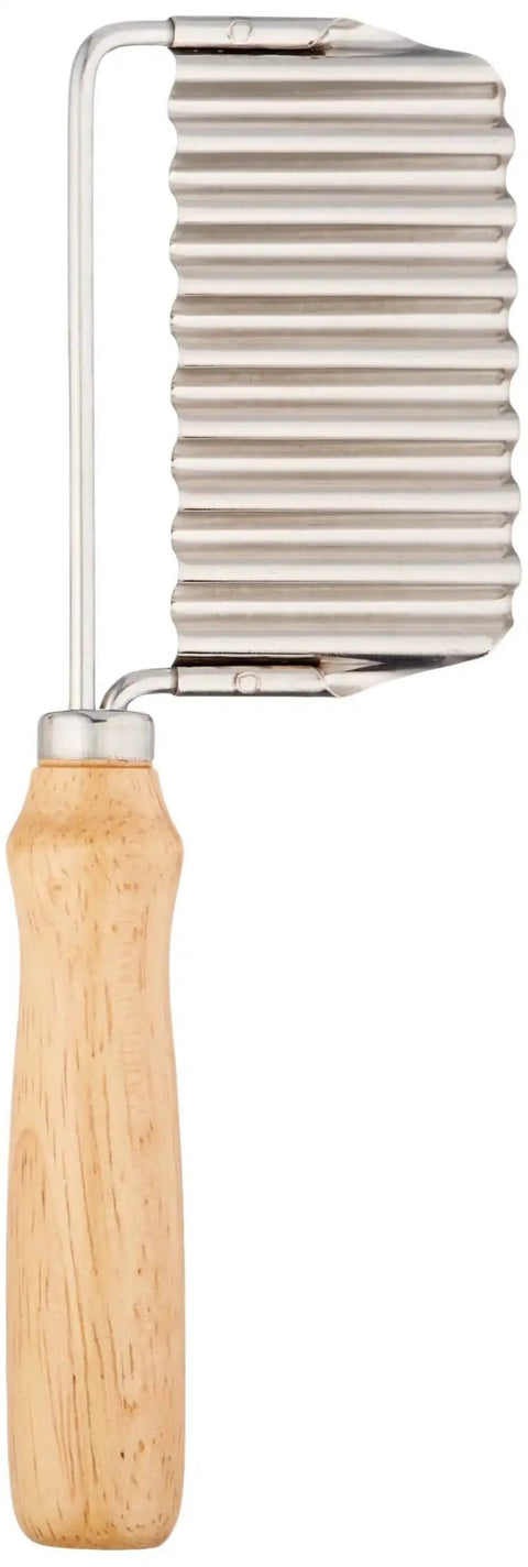 Front view of Vegetable Crinkle Cutter And French Fry Slicer with durable stainless steel blade and comfortable wood handle.