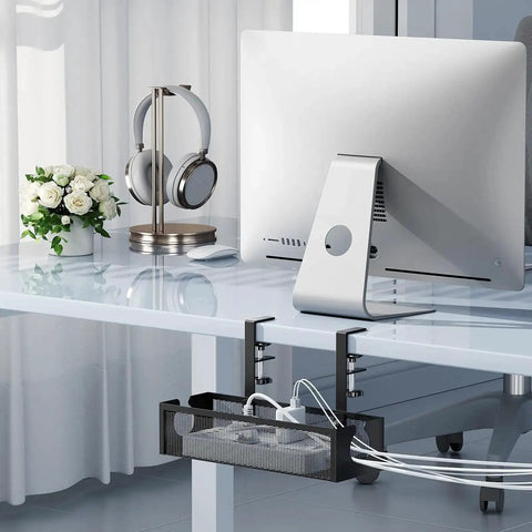 No Drill Metal Under Desk Cable Tray with Rotating Clamp in black, installed under office desk, organizing cables and power strips.