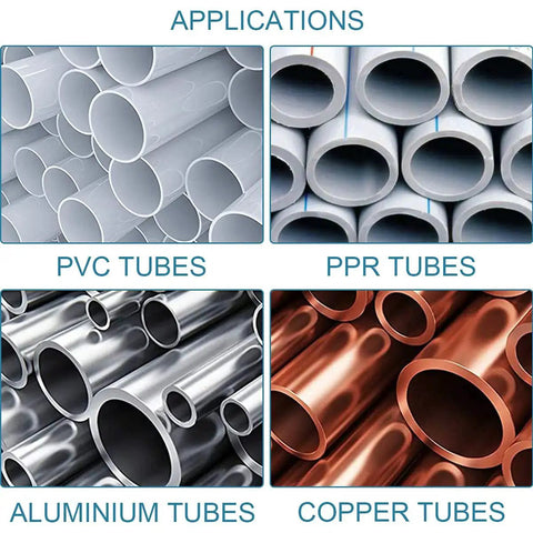 Images of PVC, PPR, aluminum, and copper tubes for pipe and tube deburring with reamer tool