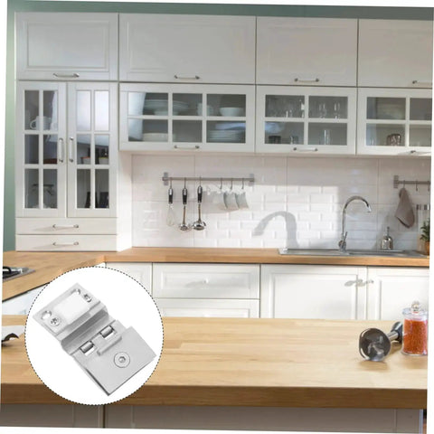 Heavy Duty Glass Door Hinge For Cabinets And Display Units With Screws, shown in a kitchen setting with white cabinets