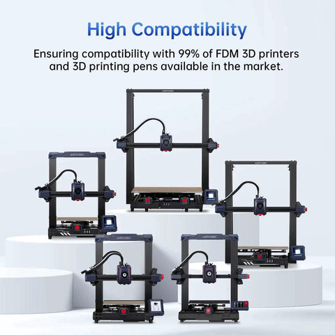 Five FDM 3D printers compatible with PLA Plus 1.75mm 3D printer filament that is tough as nails with great dimensional accuracy plus minus 0.02mm 1kg reusable spool plays nice with most FDM printers textured gray