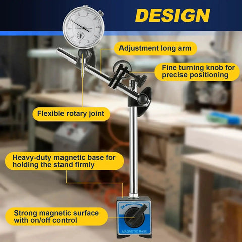 Pro Grade Magnetic Dial Indicator Base Holder For Precision Measurements 0 To 10mm Range With 0.01mm Resolution shown in workshop
