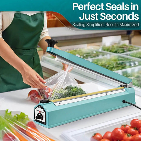 Person using 20 Inch Impulse Sealer With 750W Heating, No Warm Up Needed, Fast Bag Sealing For PE And PP Films And Bubble Wrap