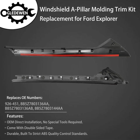 A Pillar Windshield Trim Molding For 2011 To 2019 Explorer Front Right Passenger, side view of black trim with double-sided tape
