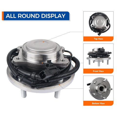 All round display of Pair Of Rear Wheel Hub And Bearing Assemblies Direct Fit For 2012-2016 Chrysler Town And Country, 2012-2020 Dodge Grand Caravan, 2012-2015 Ram C V, And 2012-2013 VW Routan With ABS; top, front, bottom views shown.