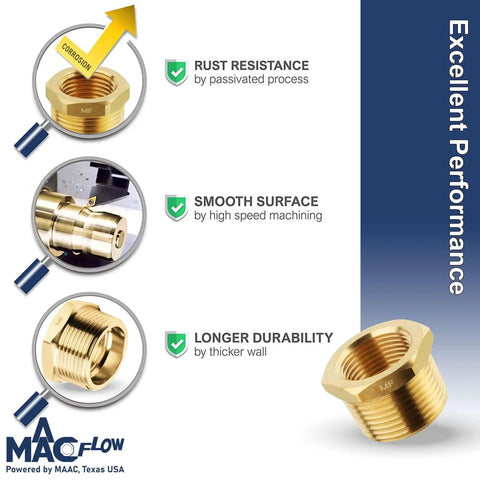 Tough As Nails Brass NPT Adapter Reducer Hex Bushing showcasing rust resistance, smooth surface, and durability by MAACFLOW.