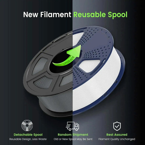 New filament reusable spool, black and blue design, detachable and eco-friendly, shown in promotional graphic for Turbocharged PLA Filament 1.75mm Pack Of 4 Spools 1Kg Each Black Color 4Kg Total Fast Printing Up To 250 Millimeters Per Second With Smooth Flow And No Jams For Rapid Prototyping.