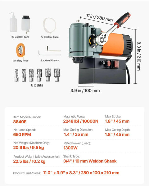 Low Profile Magnetic Drill Press With 1300W Power, 1.4 Inch Boring Capacity, Portable Weldon Shank Mag Drill, 650 RPM, accessories shown